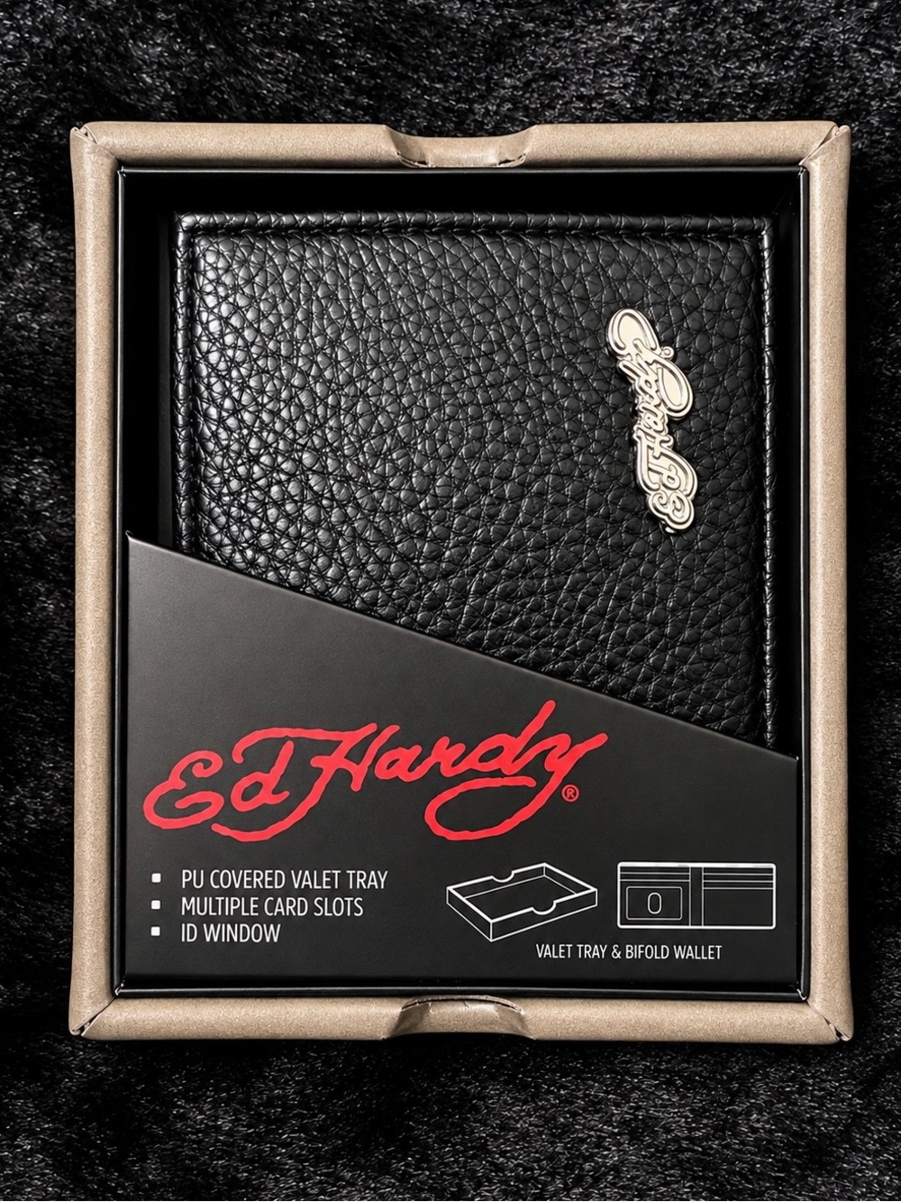 Ed Hardy Black Textured Bifold Wallet with Silver Logo